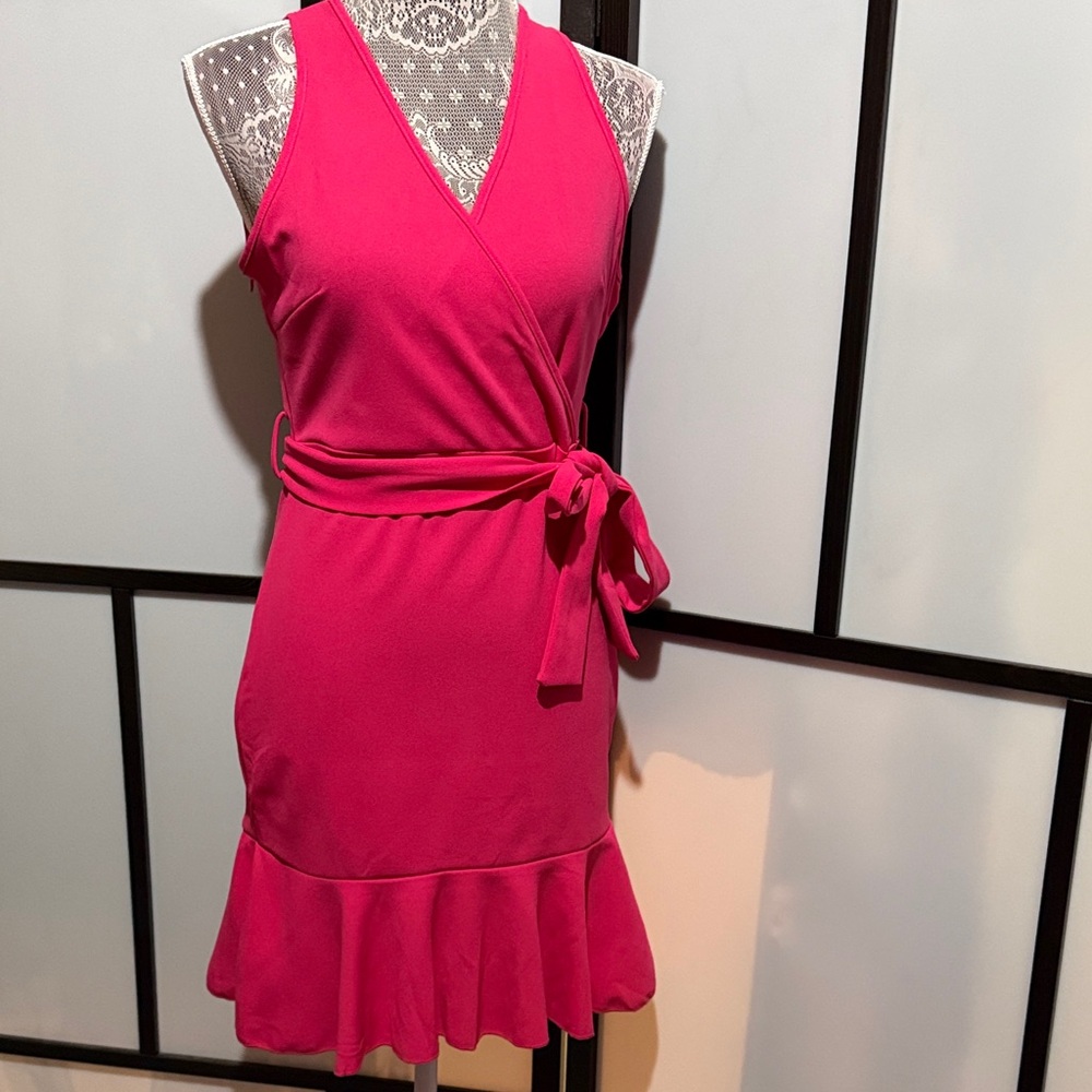 Fuchsia Wrap-Style Sleeveless Mini Dress with Tie Waist